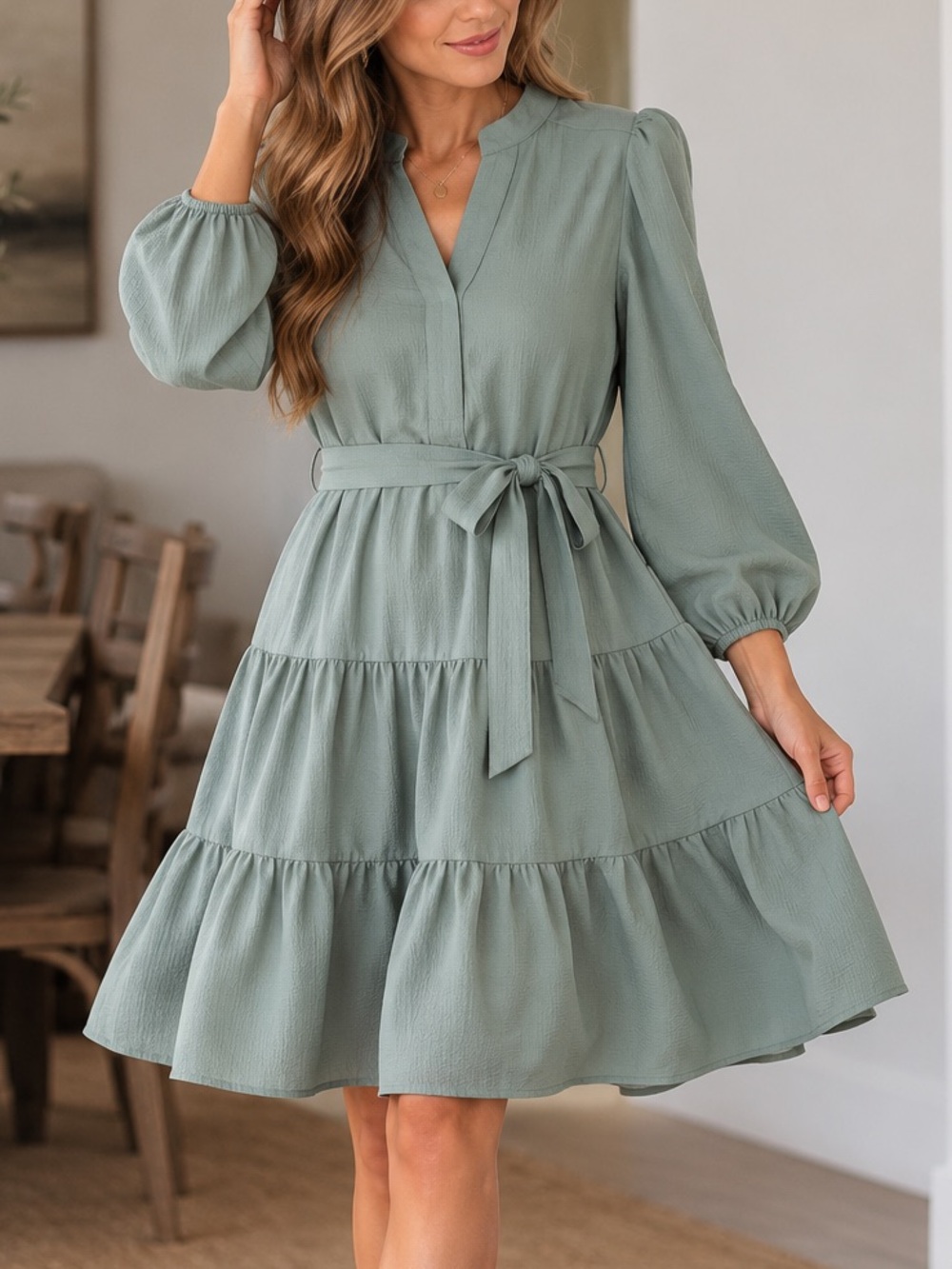 monteau Tiered Long Sleeve Dress in Green Size Small Like New